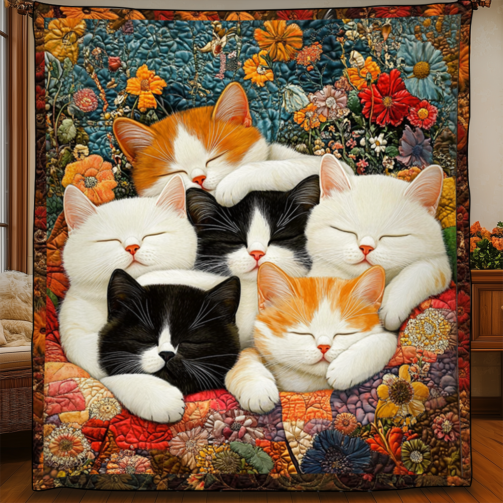 Adorable Cute Lazy Cat Floral Theme Quilted Blanket Unqiue Best Cat Gifts For Christmas Holiday