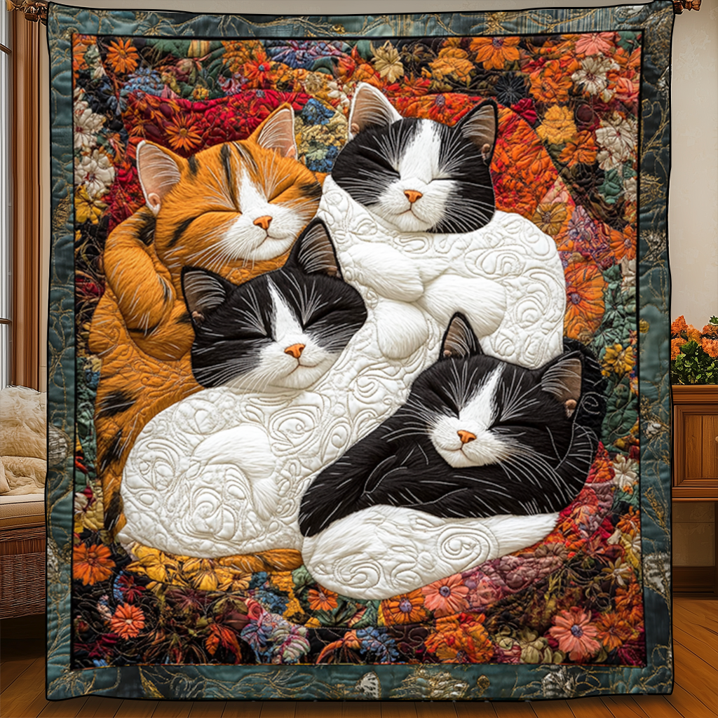 Adorable Cute Lazy Cat Floral Theme Quilted Blanket Unqiue Best Cat Gifts For Christmas Holiday
