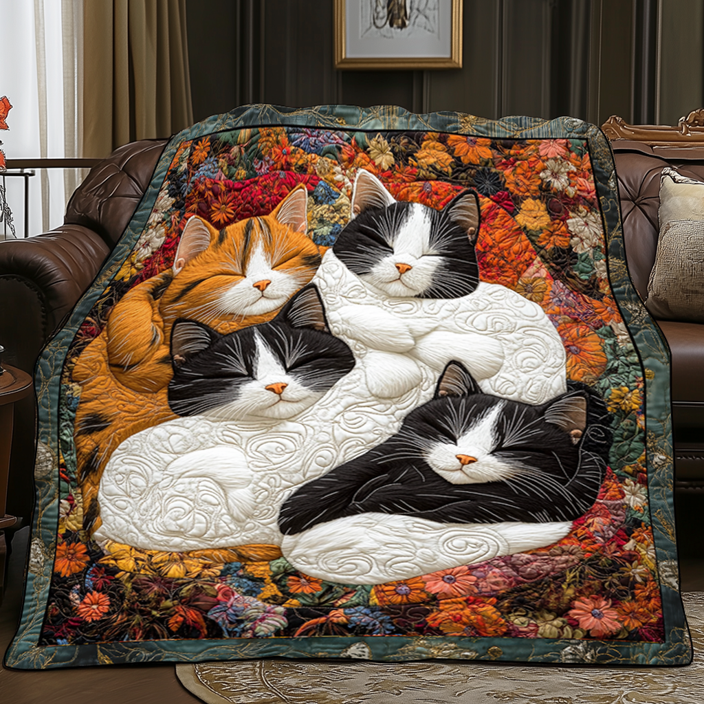 Adorable Cute Lazy Cat Floral Theme Quilted Blanket Unqiue Best Cat Gifts For Christmas Holiday
