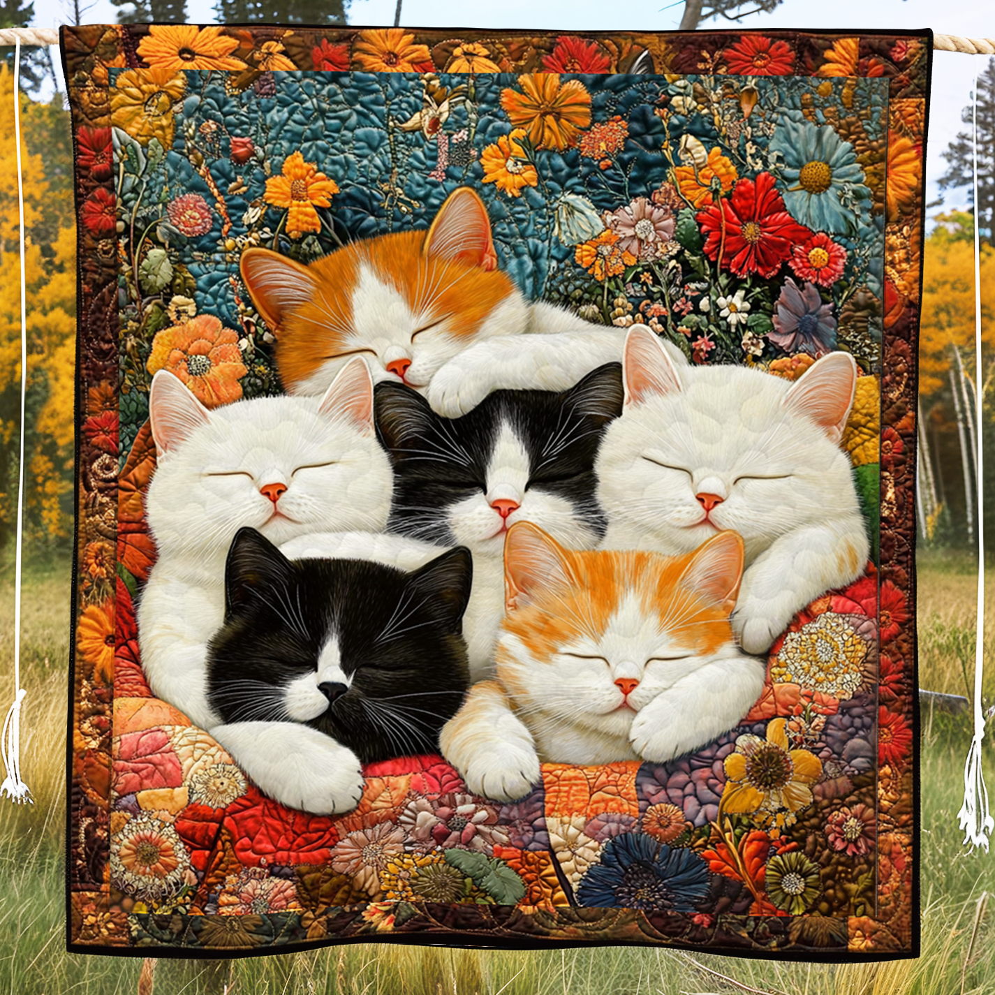 Adorable Cute Lazy Cat Floral Theme Quilted Blanket Unqiue Best Cat Gifts For Christmas Holiday