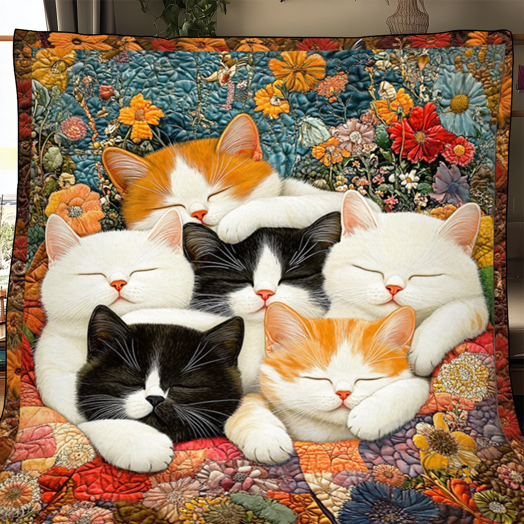 Adorable Cute Lazy Cat Floral Theme Quilted Blanket Unqiue Best Cat Gifts For Christmas Holiday